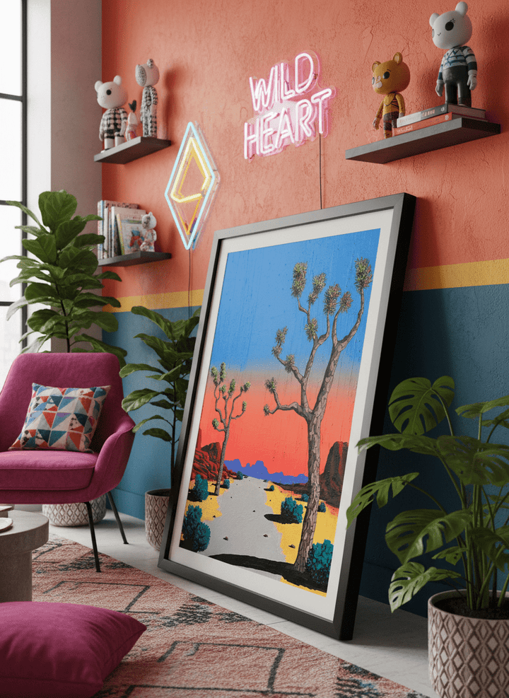 Bold wall art styled in a colourful, eclectic modern home