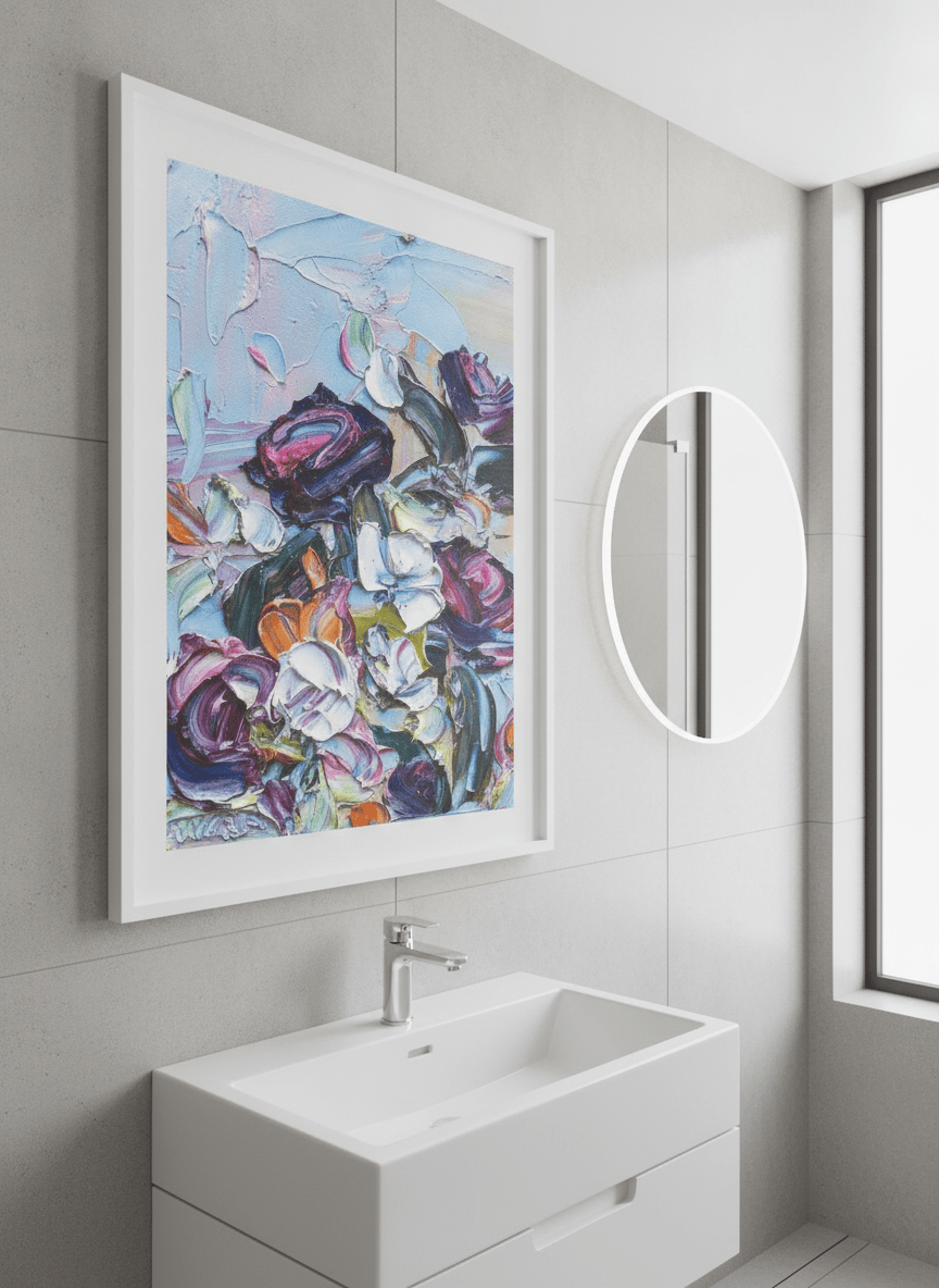 Modern print displayed in a clean minimalist bathroom setting