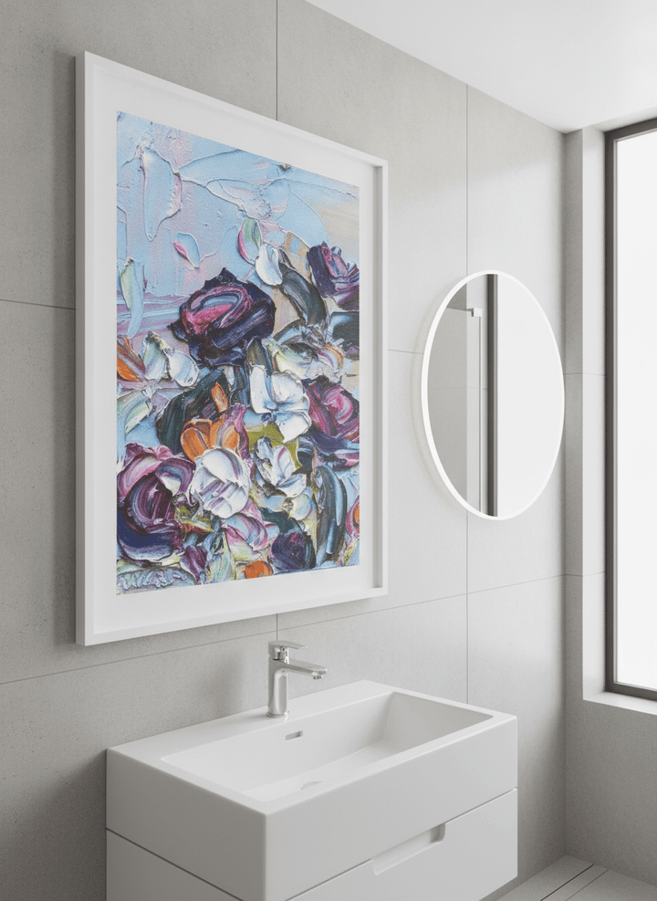 Modern print displayed in a clean minimalist bathroom setting