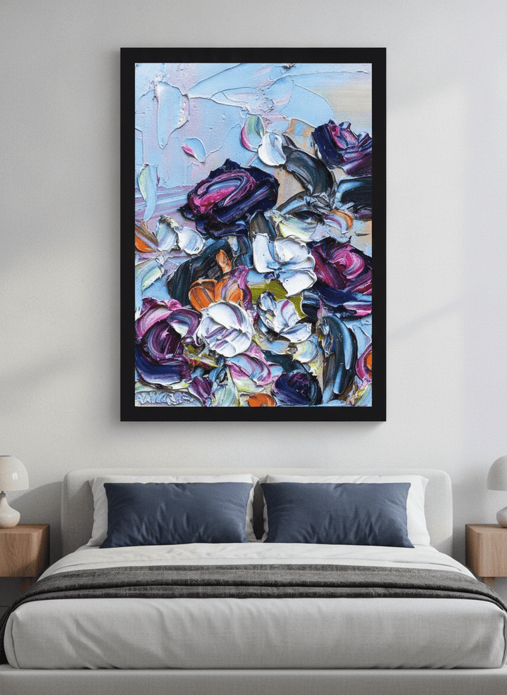 Minimalist artwork displayed in a calm, light-filled bedroom interior