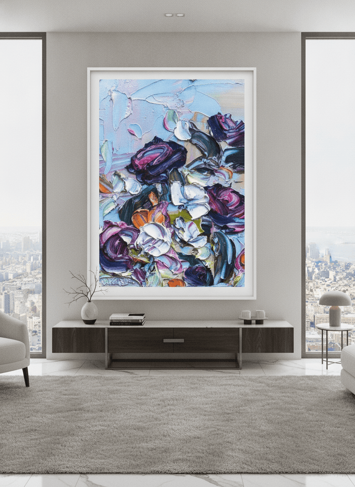 Monumental artwork centred on a feature wall in a luxe interior