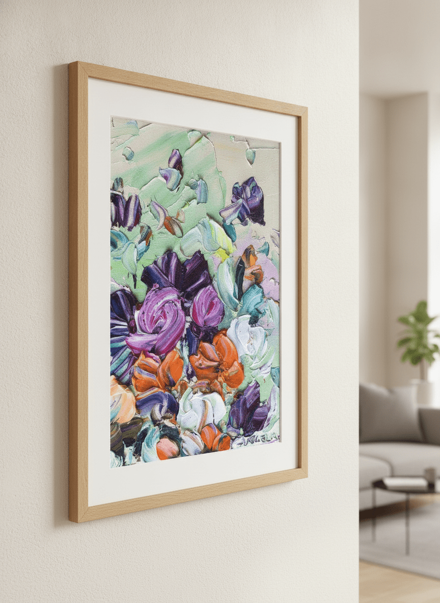 Modern wall art styled above a sofa in a neutral living room