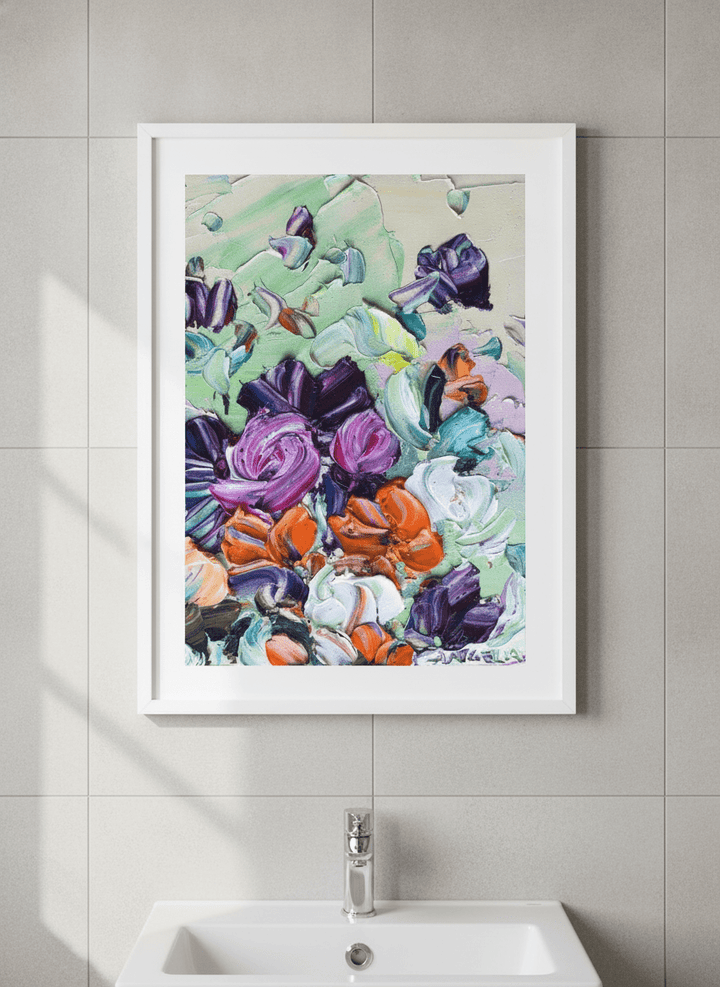 Modern print displayed in a clean minimalist bathroom setting