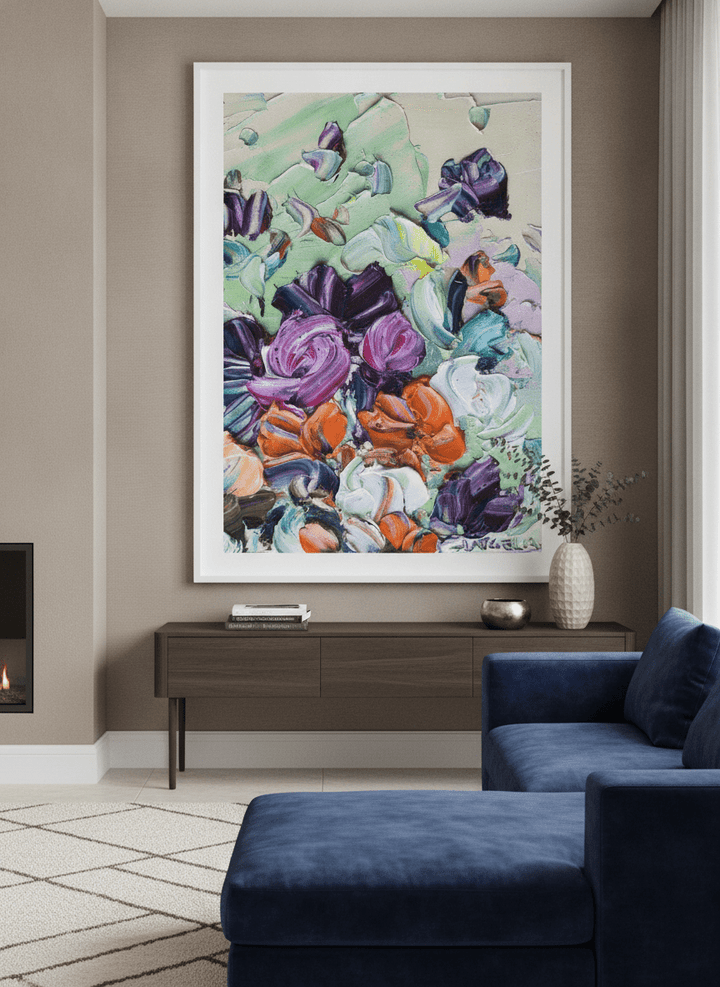 Monumental artwork centred on a feature wall in a luxe interior