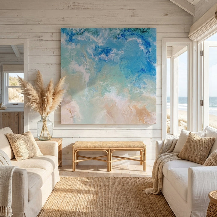 Stretched canvas wall art styled in a sunny coastal beach house