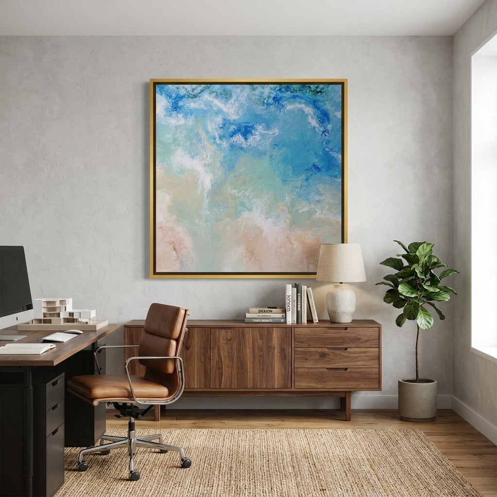 Canvas wall art with a gold leaf surround styled in a bright modern office