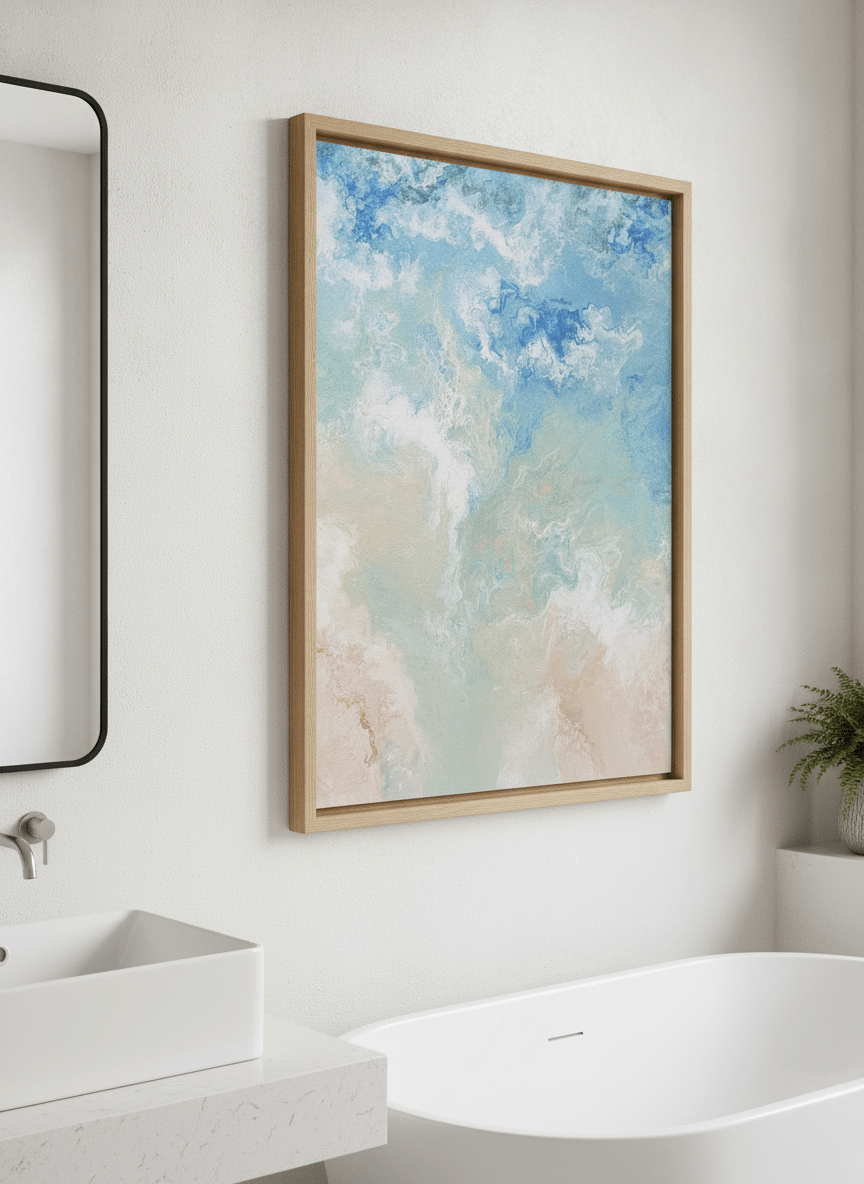 Modern print displayed in a clean minimalist bathroom setting