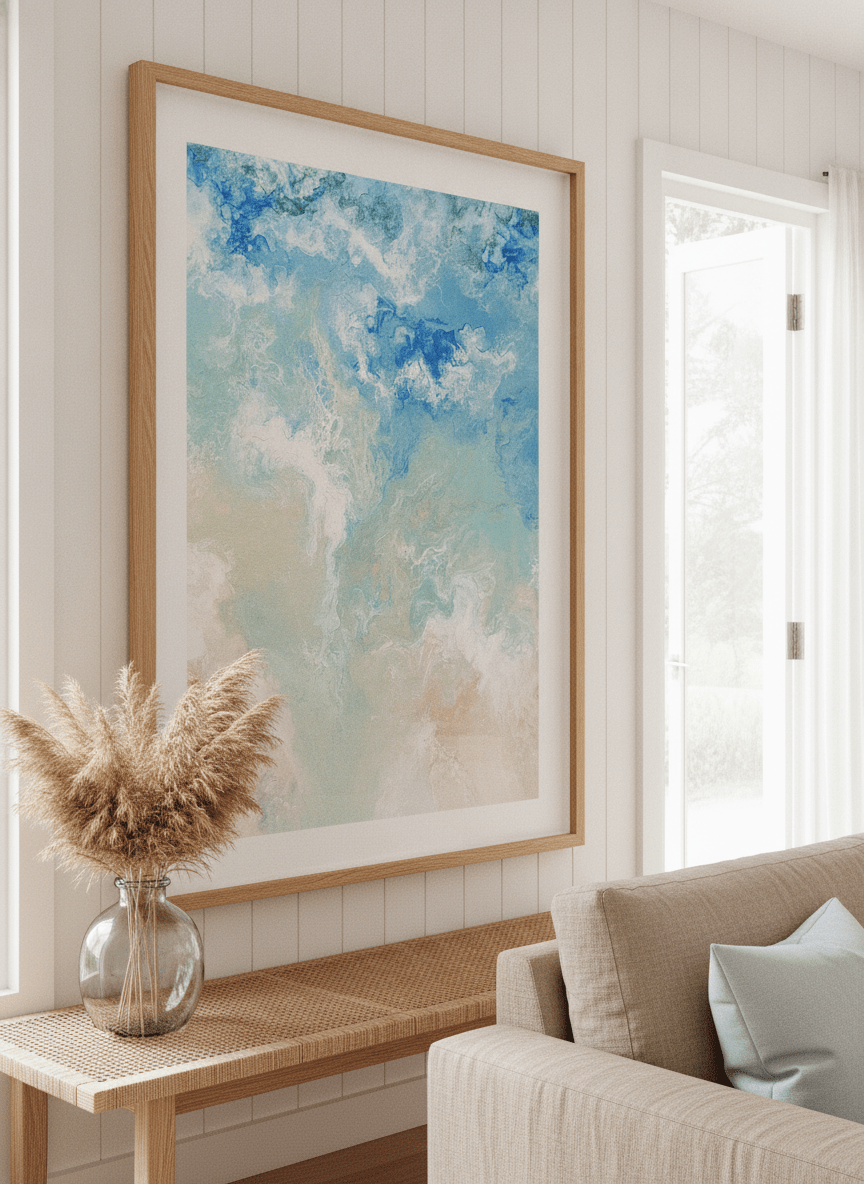 Neutral wall art displayed in a sunny coastal beach house