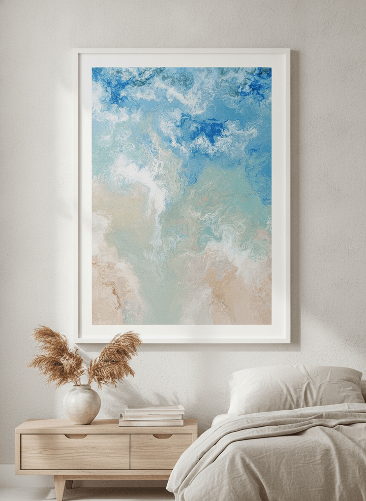 Minimalist artwork displayed in a calm, light-filled bedroom interior