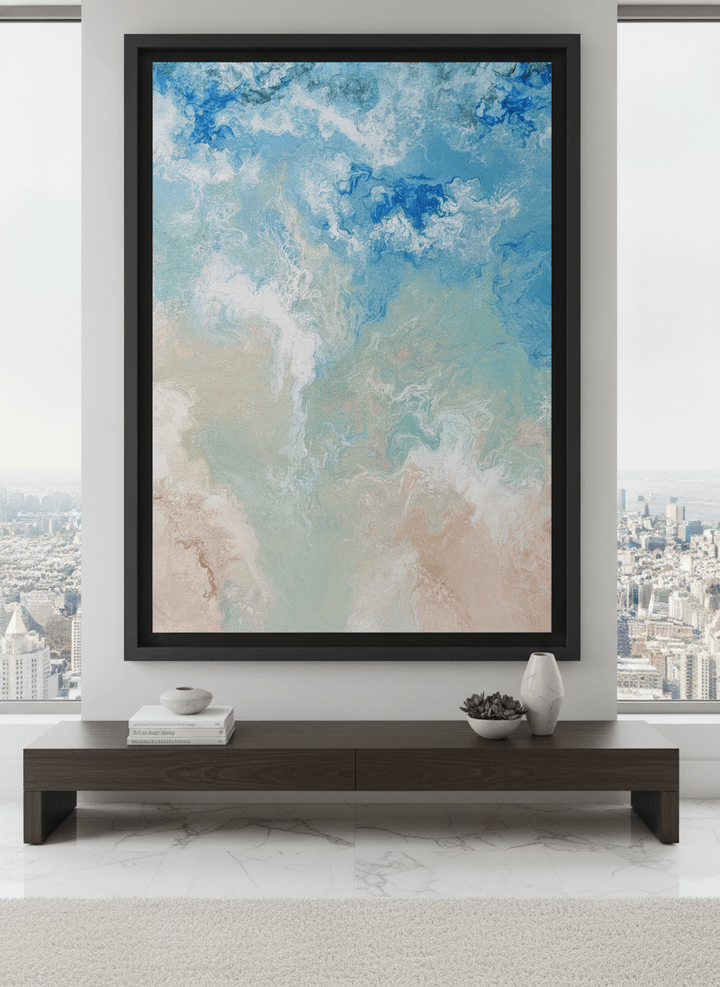 Monumental artwork centred on a feature wall in a luxe interior