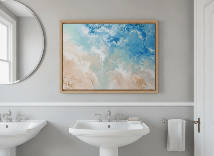 Modern print displayed in a clean minimalist bathroom setting