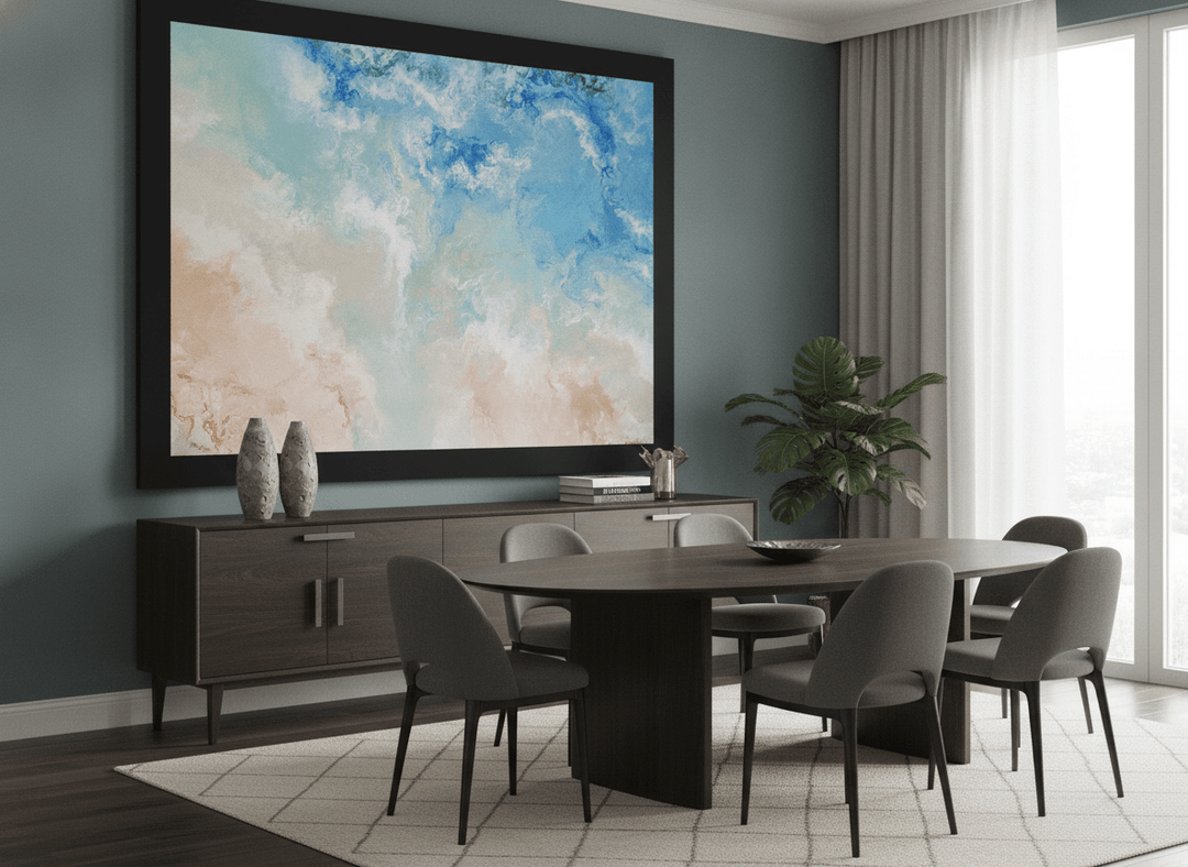 Monumental artwork centred on a feature wall in a luxe interior