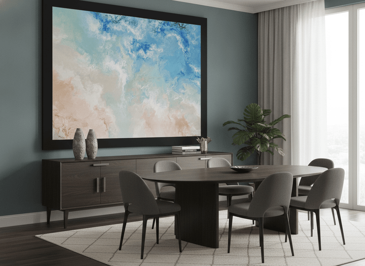 Monumental artwork centred on a feature wall in a luxe interior