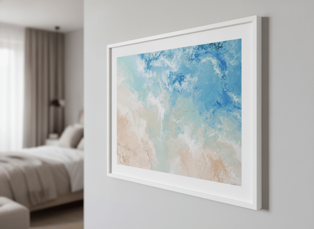 Minimalist artwork displayed in a calm, light-filled bedroom interior