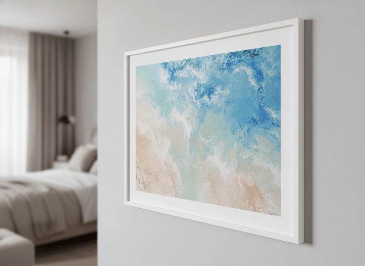 Minimalist artwork displayed in a calm, light-filled bedroom interior