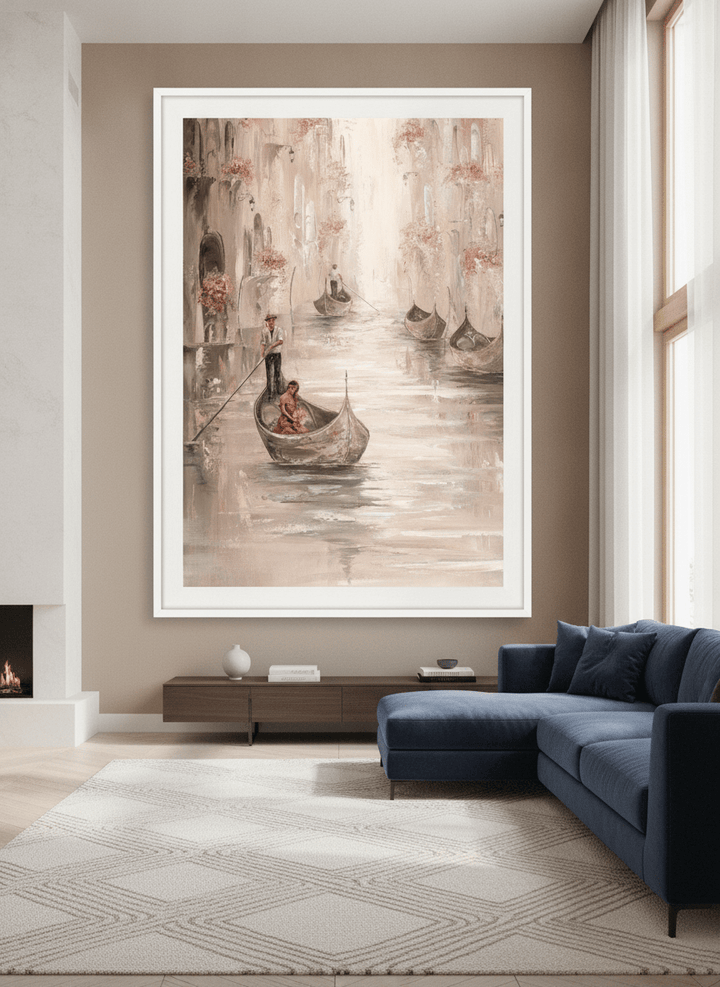 Monumental artwork centred on a feature wall in a luxe interior