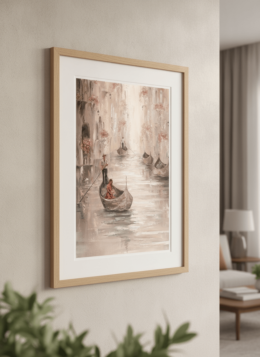 Modern wall art styled above a sofa in a neutral living room