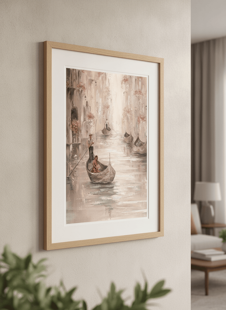Modern wall art styled above a sofa in a neutral living room