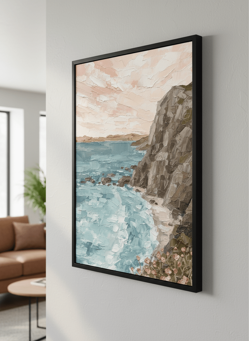 Modern wall art styled above a sofa in a neutral living room
