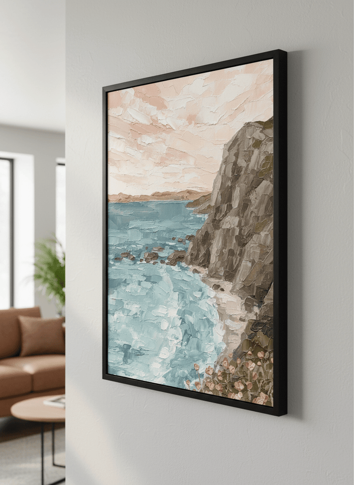 Modern wall art styled above a sofa in a neutral living room