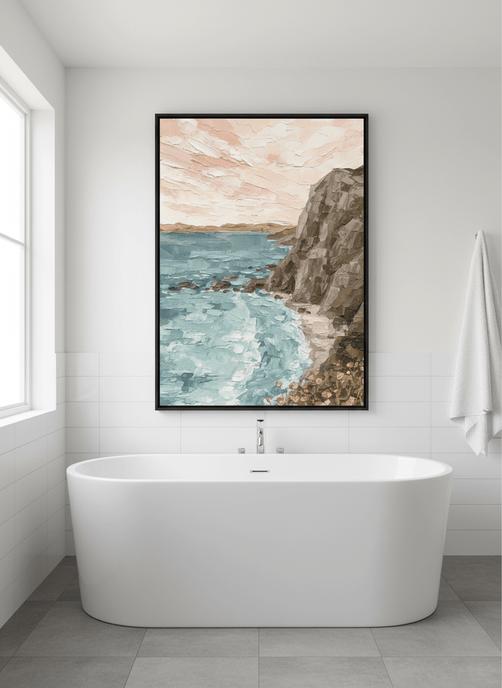 Modern print displayed in a clean minimalist bathroom setting