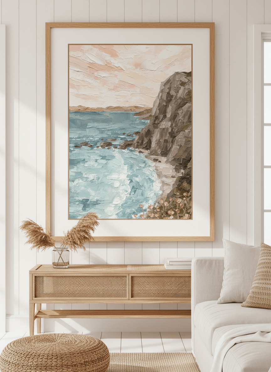 Neutral wall art displayed in a sunny coastal beach house