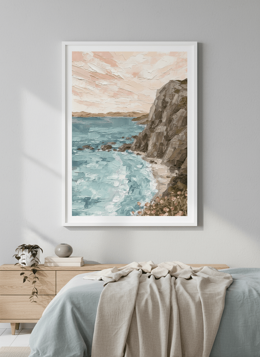 Minimalist artwork displayed in a calm, light-filled bedroom interior