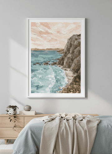Minimalist artwork displayed in a calm, light-filled bedroom interior