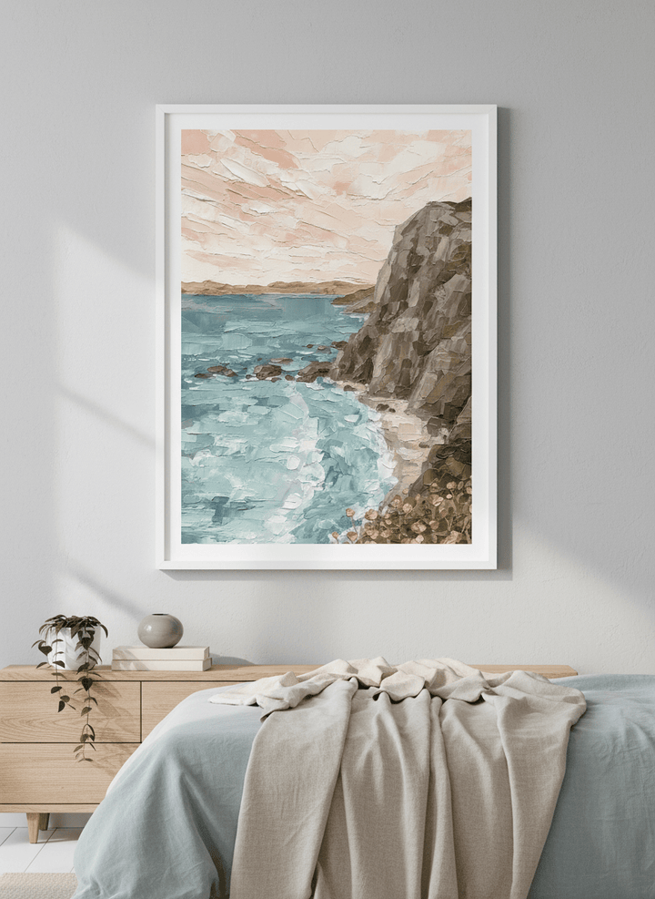 Minimalist artwork displayed in a calm, light-filled bedroom interior