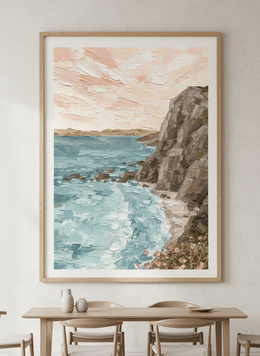 Wall art styled above a dining table in a contemporary home