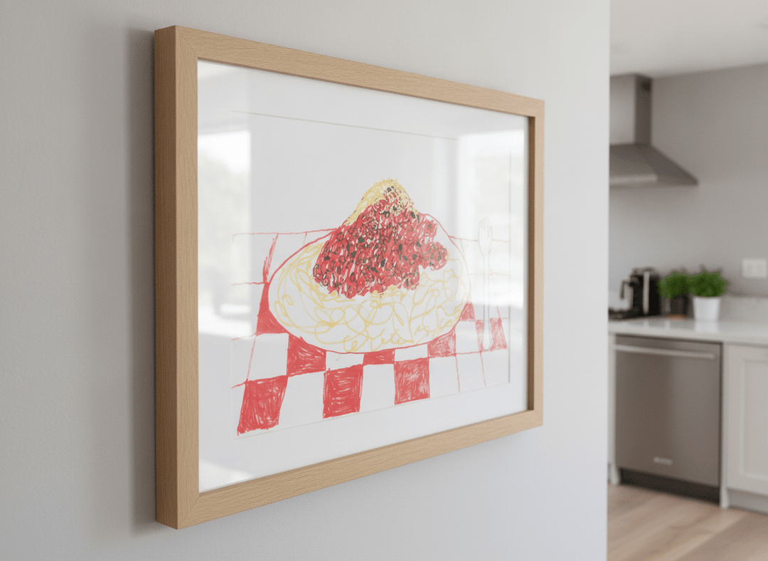 Artwork styled on the wall of a bright modern kitchen