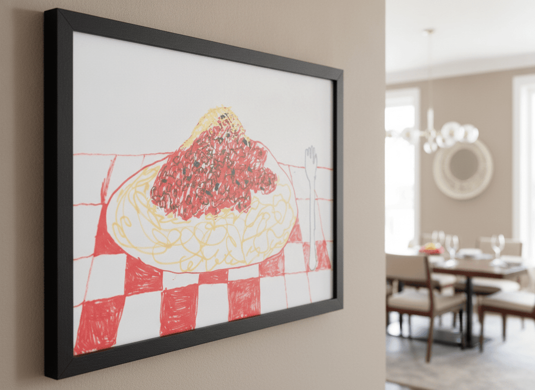 Wall art styled above a dining table in a contemporary home