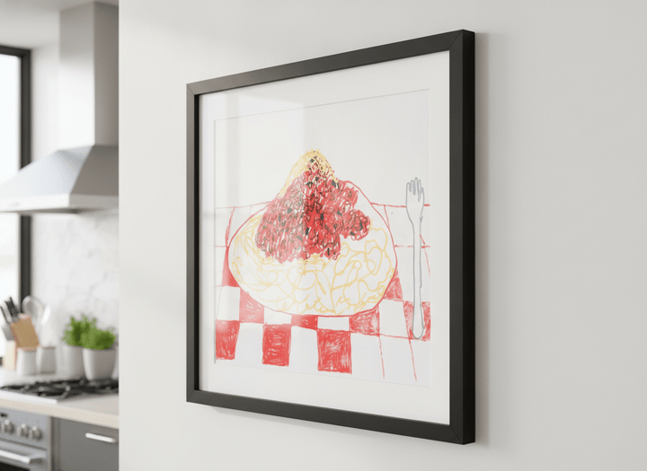 Artwork styled on the wall of a bright modern kitchen