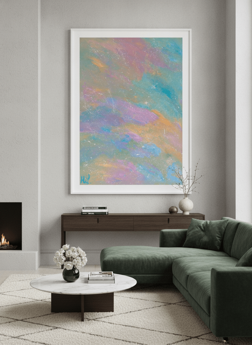 Monumental artwork centred on a feature wall in a luxe interior