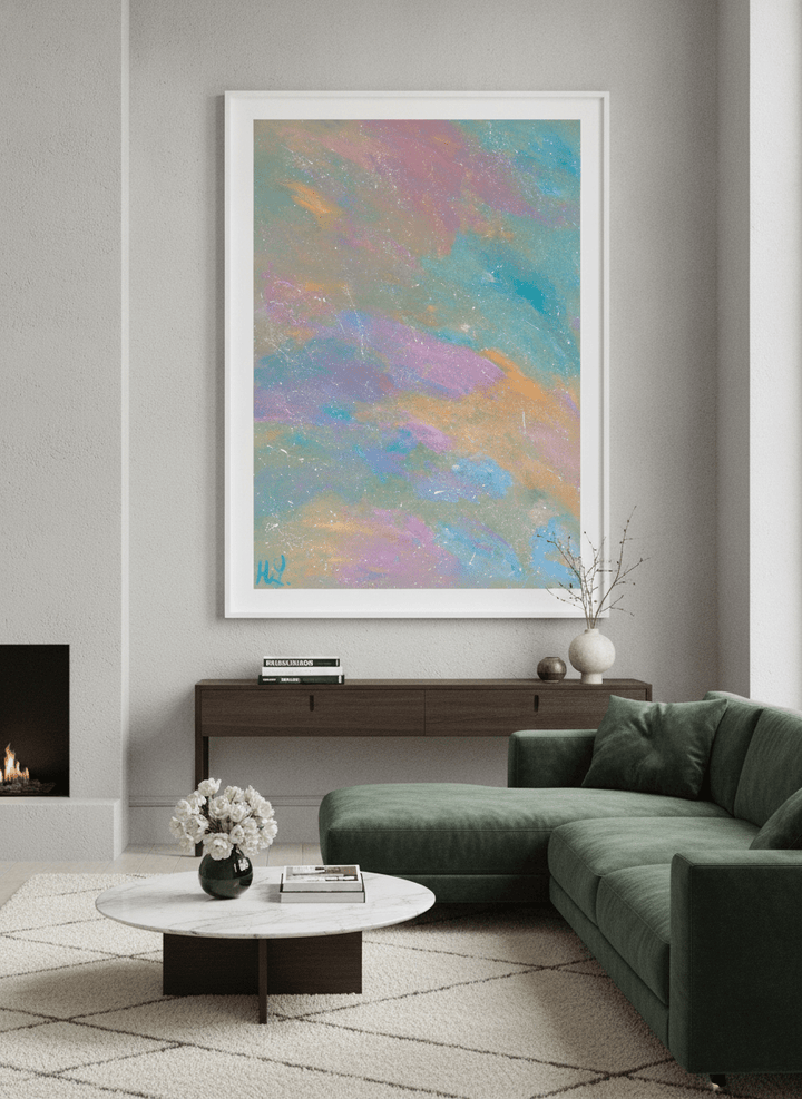 Monumental artwork centred on a feature wall in a luxe interior