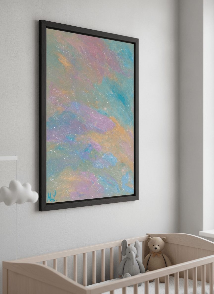 Soft neutral wall art styled in a serene nursery with pastel tones