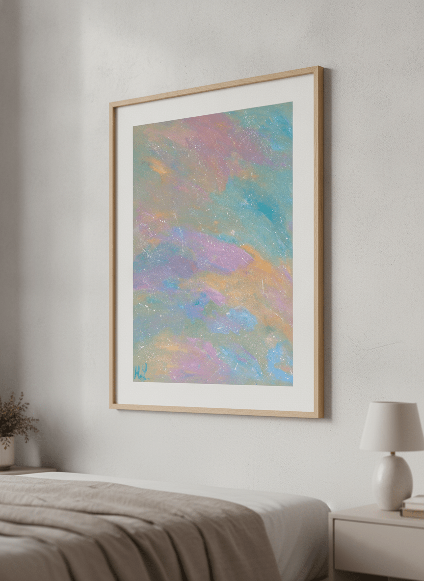 Minimalist artwork displayed in a calm, light-filled bedroom interior