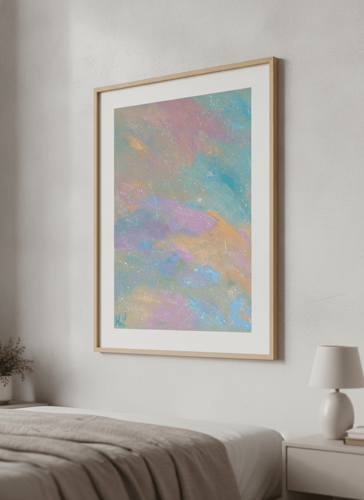 Minimalist artwork displayed in a calm, light-filled bedroom interior