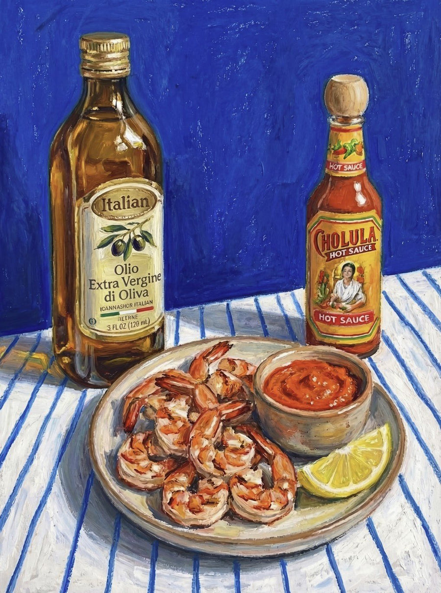Spicy Prawn Lunch and Olive Oil Illustration Sketch