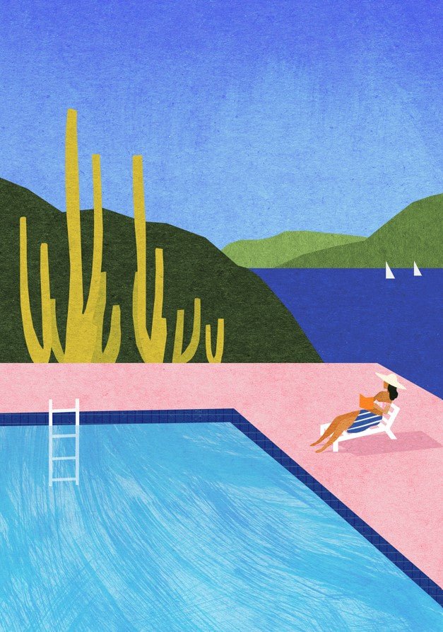 Illustration of a pool with a cactus, lounge chair, and sailboats on a hillside. framed