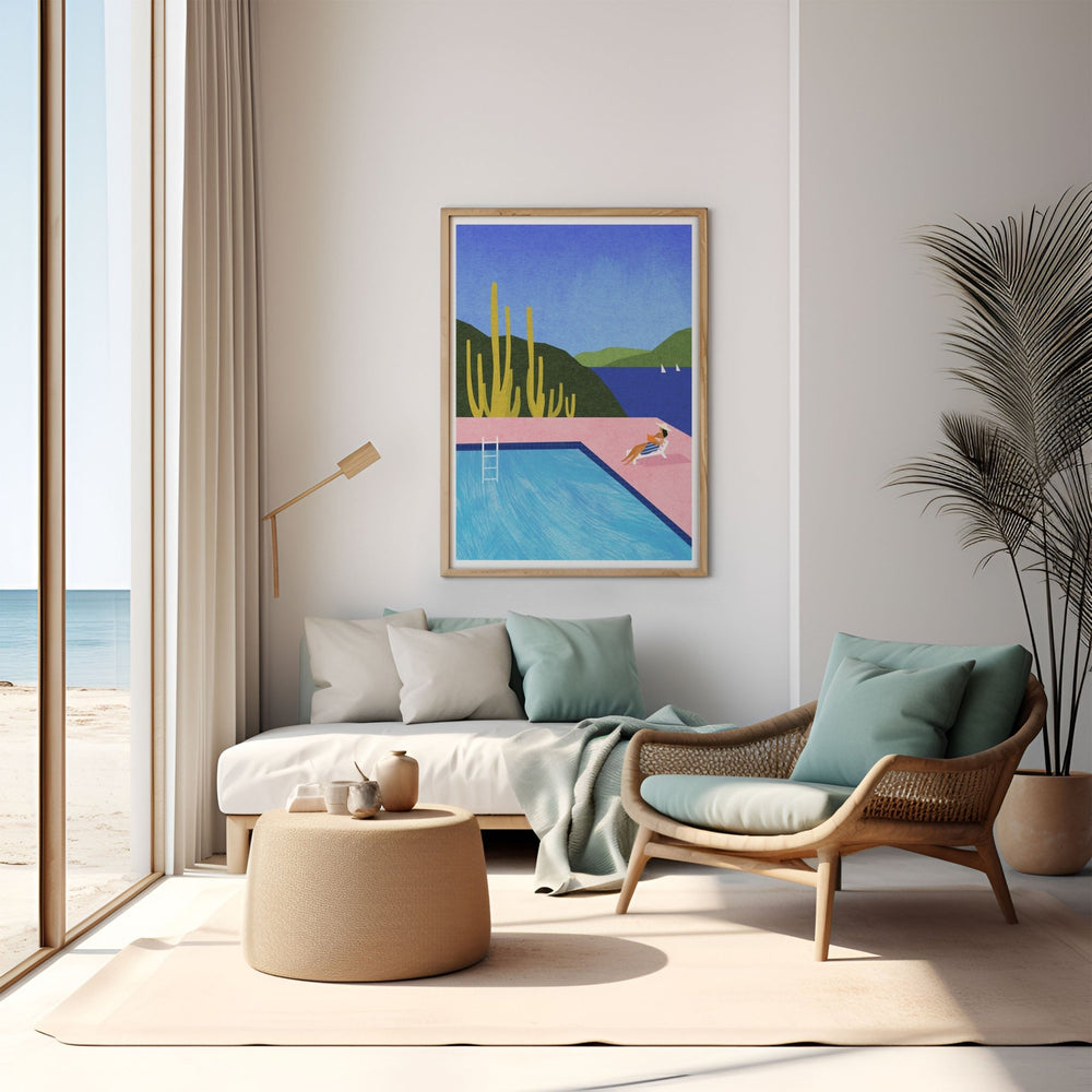 Modern living room with a beach-themed painting on the wall