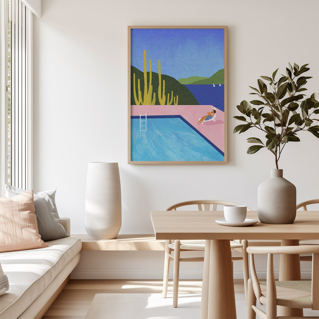 Modern living room with a colorful abstract painting of a pool scene on the wall.