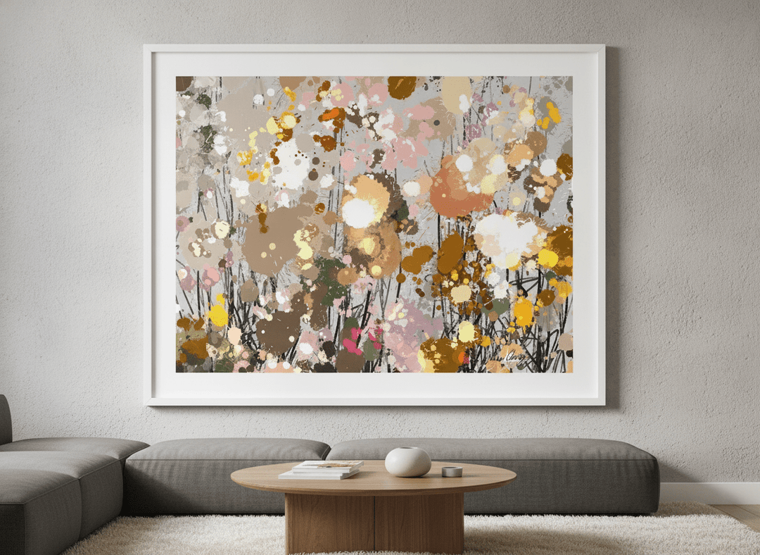 Modern wall art styled above a sofa in a neutral living room