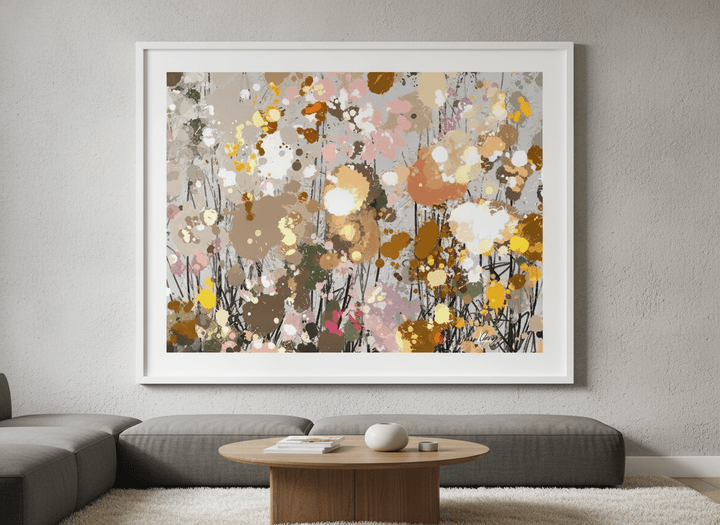 Modern wall art styled above a sofa in a neutral living room