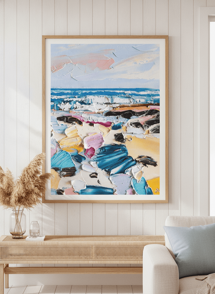 Neutral wall art displayed in a sunny coastal beach house