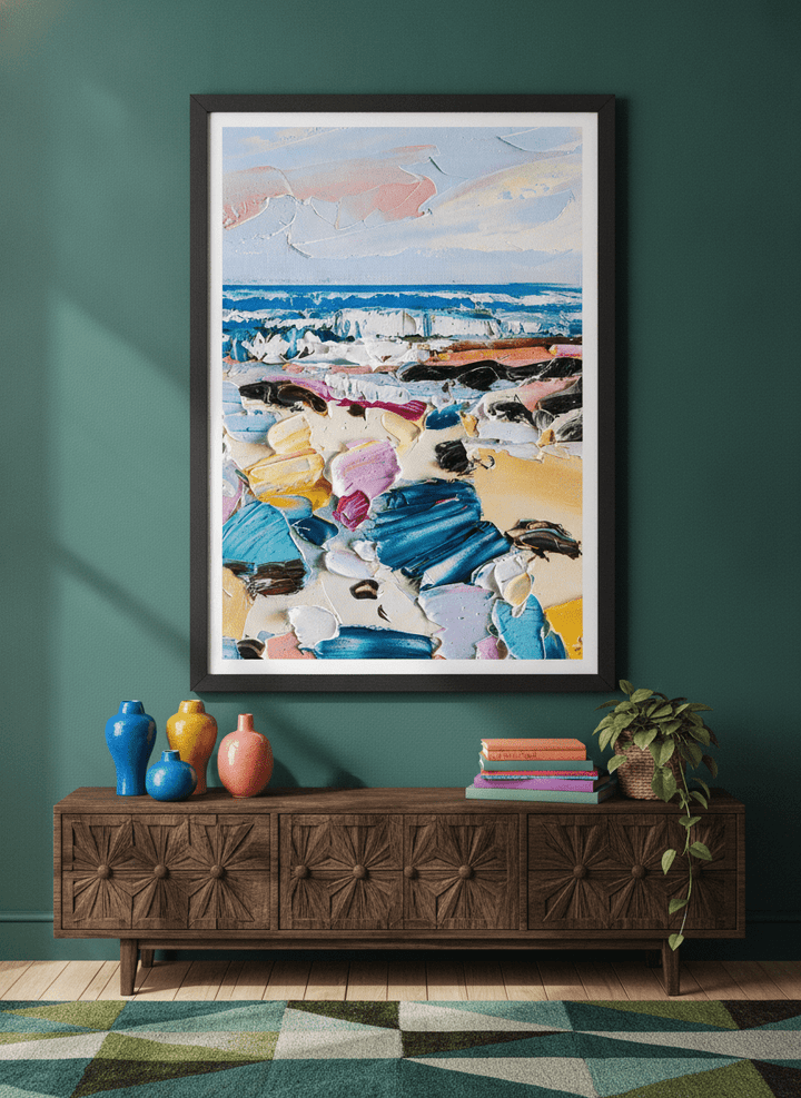 Bold wall art styled in a colourful, eclectic modern home
