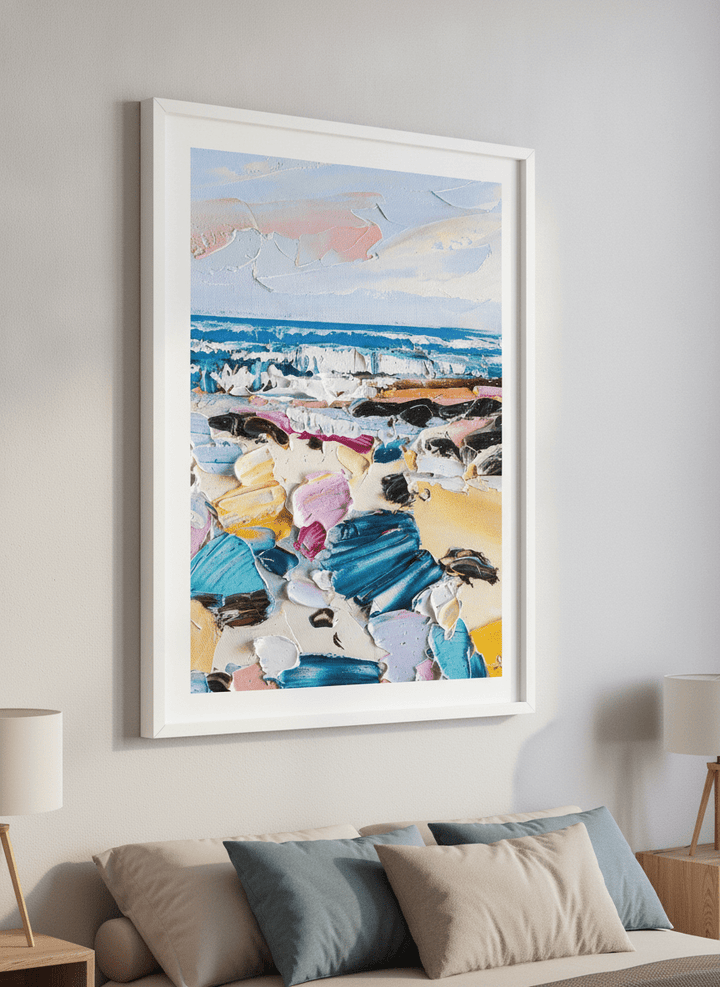 Minimalist artwork displayed in a calm, light-filled bedroom interior