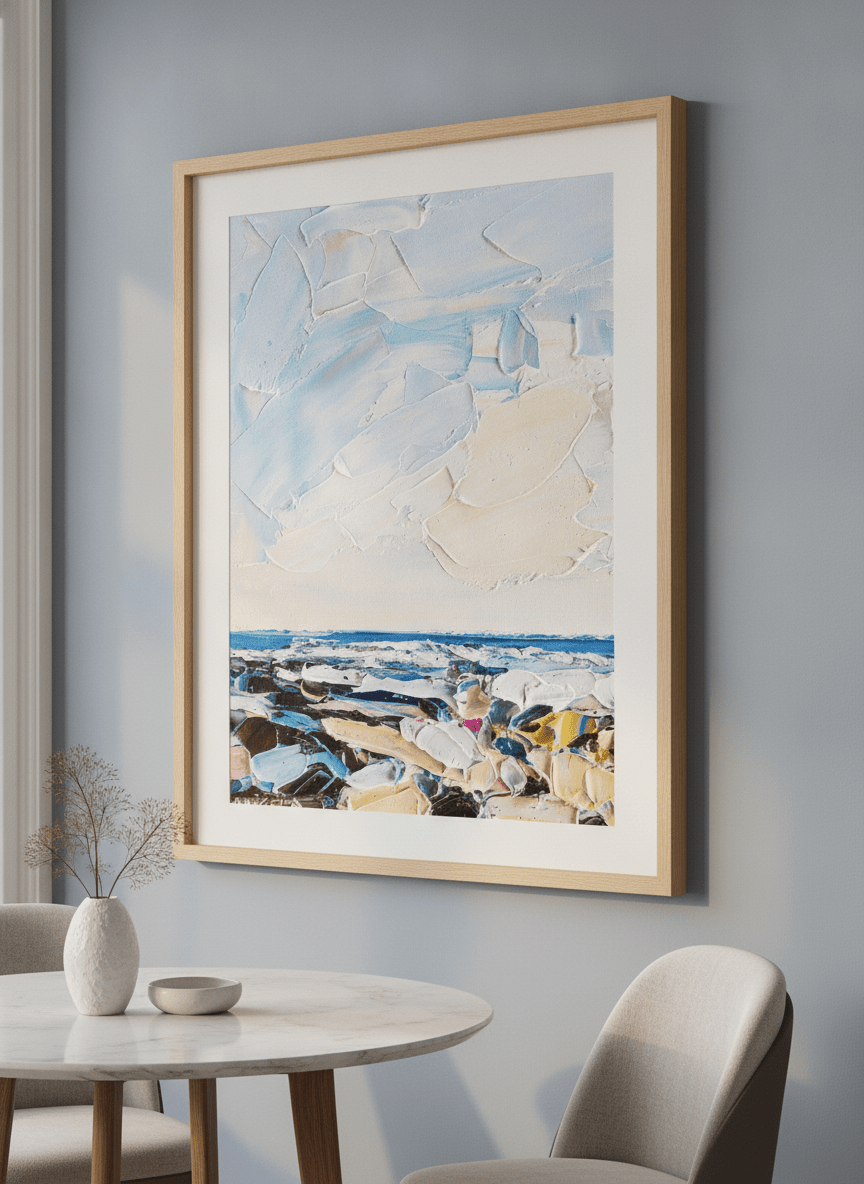 Wall art styled above a dining table in a contemporary home
