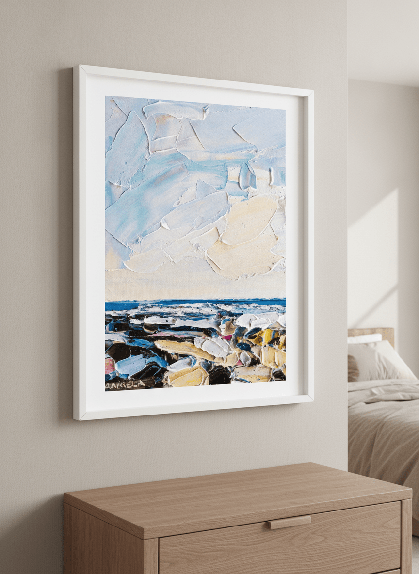 Minimalist artwork displayed in a calm, light-filled bedroom interior