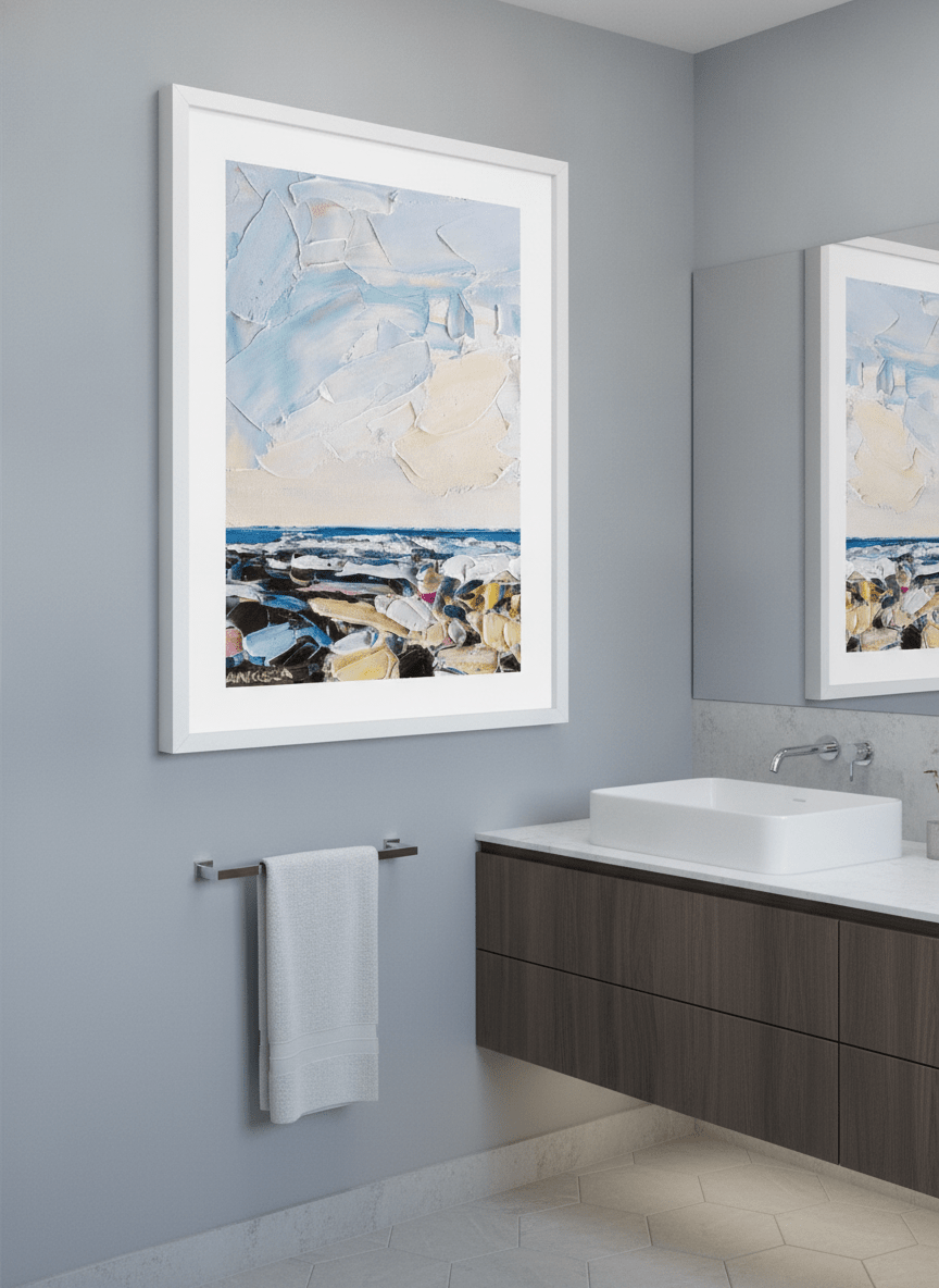 Modern print displayed in a clean minimalist bathroom setting